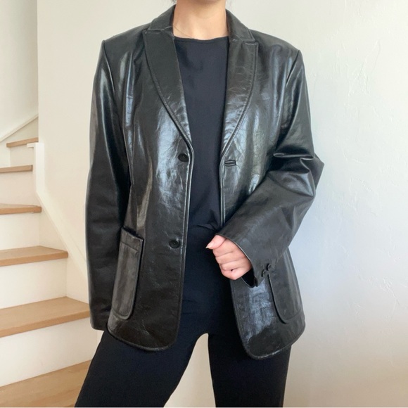 Vintage Gap 100% Leather Black Button Front Blazer Trench Barn Coat Jacket Large - Picture 1 of 8